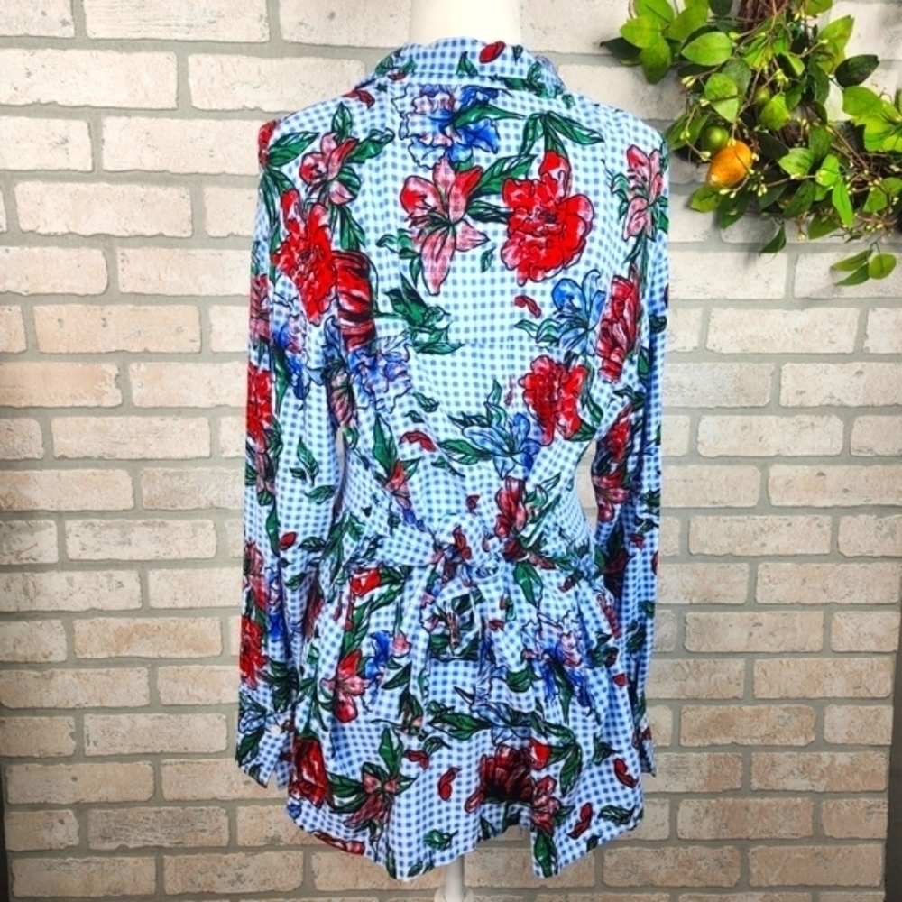 MASSINI Floral Button Up Long Sleeve Gingham Style Blouse Size L - Picture 2 of 9